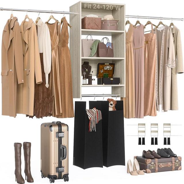 Besiost Hanging Closet System with 2 Laundry Hampers, Wood Closet Organizer System with Towers and Hanging Rods, Fits 2-10 Ft. Wall Mounted Closet Systems for Walk-in Closet, Laundry Room, White Oak