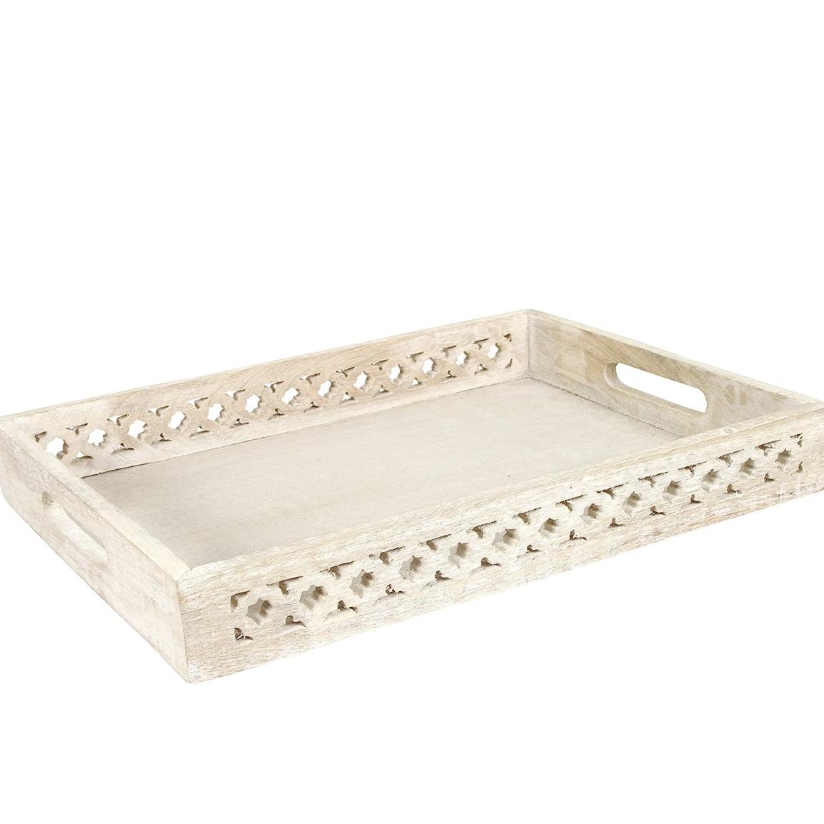Mela Artisans Farmhouse & TV Ottoman Wooden Serving Tray - Medium, Trellis Whitewash | Decorative Mango Wood | Use to Serve Breakfast, Other Foods, Coffee, Tea | Rustic Home Decor | 16" x 12” x 2.5”
