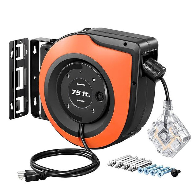 DEWENWILS 75 FT Retractable Extension Cord Reel, 14/3C SJTOW Heavy Duty Power Cord with New Twist-Lock Stopper, 6 Grounded Outlets, Lighted Triple Tap, 10A Circuit Breaker, ETL Listed