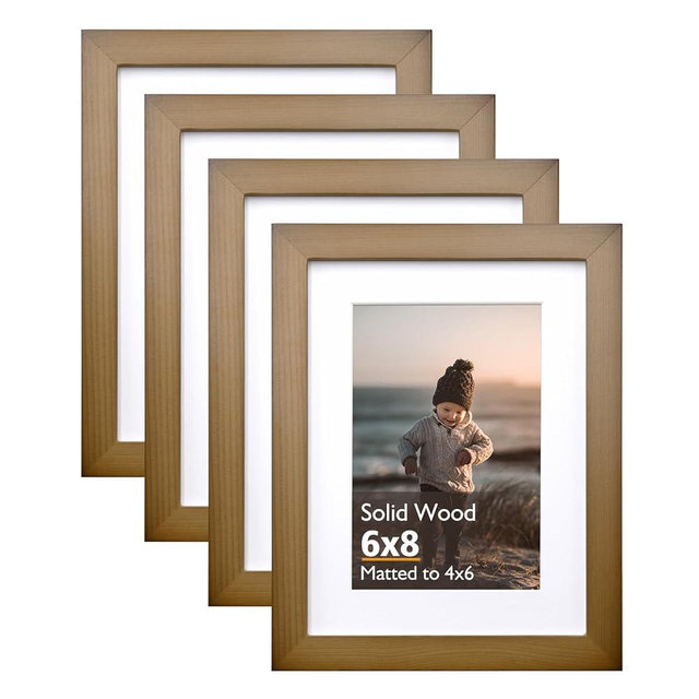KINLINK 6x8 Picture Frame Brown, Solid Wood Frames with Acrylic Plexiglass for Pictures 4x6 with Mat or 6x8 without Mat, Tabletop and Wall Display Photo Frame, Set of 4