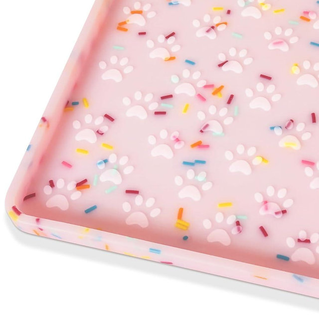 Ptlom Dog Food Mat Anti-Slip Dog Bowl Mats for Food and Water, Waterproof Pet Placemat Prevents Messy Spill to Floor, Silicone Puppy Feeding Tray for Small, Medium and Large Dogs Cats, Pink