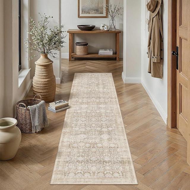 WondRg 2x8 Beige Washable Floral Hallway Runner Rug Kitchen Vintage Traditional Low Pile Non Slip Long Area Rug Retro Distressed Soft Carpet Entryway Beside Bed Living Room Office Porch
