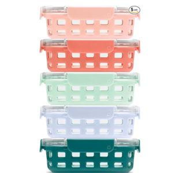 5 Pack Set- Glass Food Storage Container with Silicone Sleeve and Airtight BPA-Free Plastic Lids, Dishwasher, Microwave, and Freezer Safe, Halogen Blue