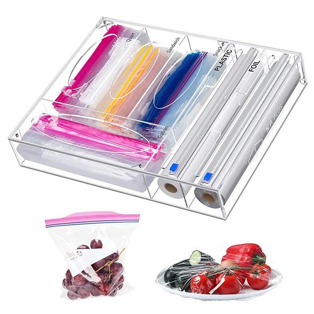 NPPLUS 6 in 1 Ziplock Bag & Plastic Wrap Storage Organizer, Acrylic Food Freezer Baggie Tin Foil Dispenser Holder With Cutter, Compatible With Cling Wrap, Wax, Foil, Gallon, Quart, Sandwich, Snack