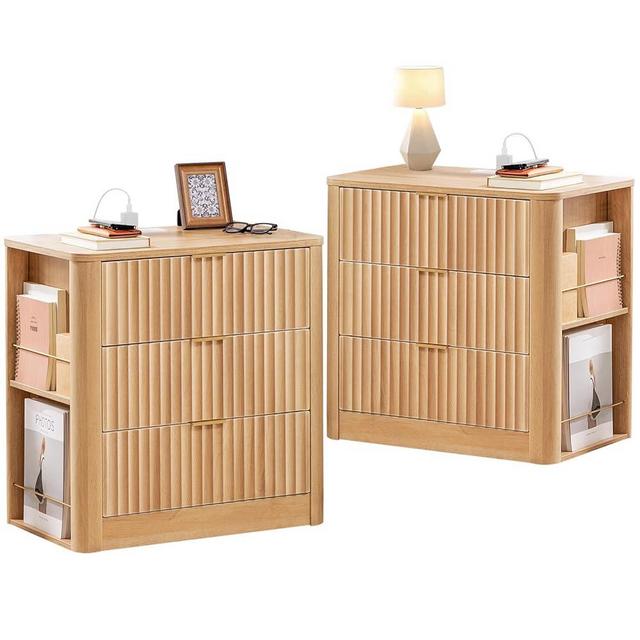 HAUOMS Night Stand Set 2, Fluted Nightstand with Charging Station & 3 Drawers, Night Stands for Bedrooms Set of 2, Bedside Table with Side Storage Shelves, Solid Wood Legs,Curved Profile Design