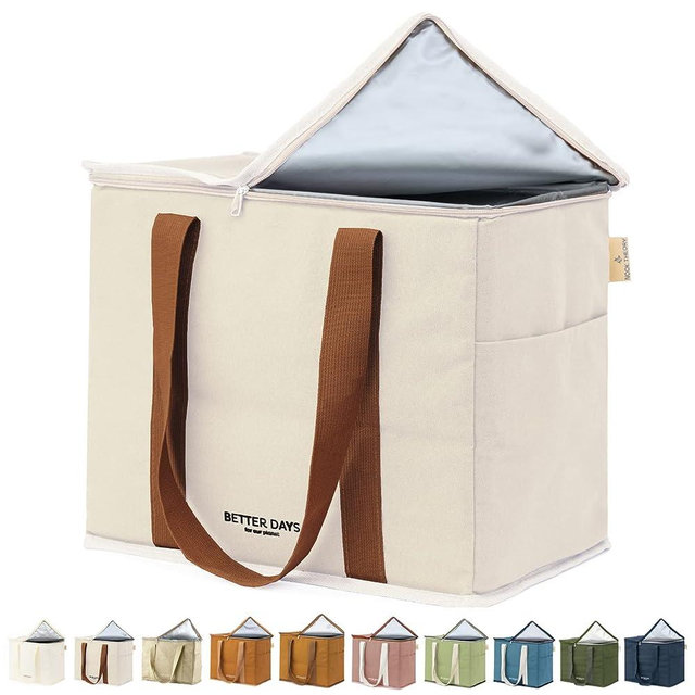 Reusable Insulated Grocery Bag - Leak Proof, X Large Insulated Cooler Bag - Insulated Shopping Bags for Groceries - Travel Cooler Bag for Frozen and Hot Food with Zippered Top (Cream Brown)