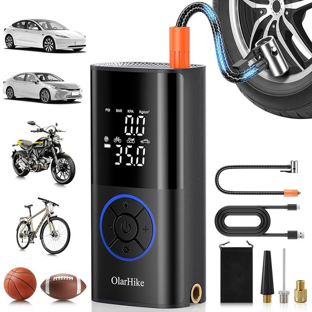 OlarHike Tire Inflator Portable Air Compressor, Long Range Battery-Powered, 160PSI Auto Air Pump for Car Tires, Motorcycles, Bicycle,Bike, Electric Pump with LED Light & Digital Pressure Gauge