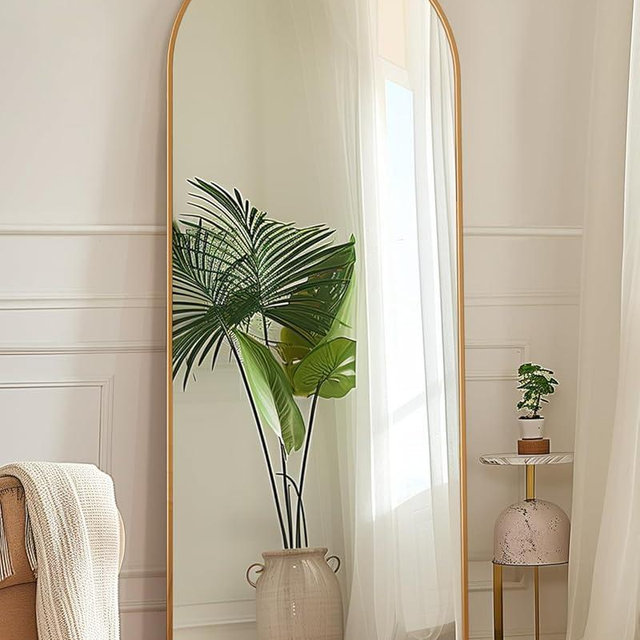 Full Length Mirror, 58"x18" Floor Mirror, Floor Standing Mirror Freestanding Arch Full Body Mirror with Stand for Bedroom, Hanging Mounted Mirror for Living Room Cloakroom, Gold