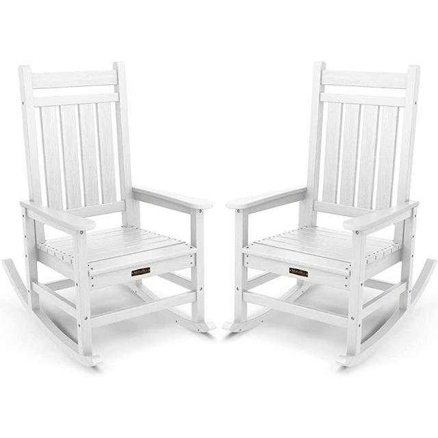 SERWALL Outdoor Rocking Chair Set of 2, Oversized Rocking Chairs for Adult, All Weather Resistant Porch Rockers for Lawn Garden, White