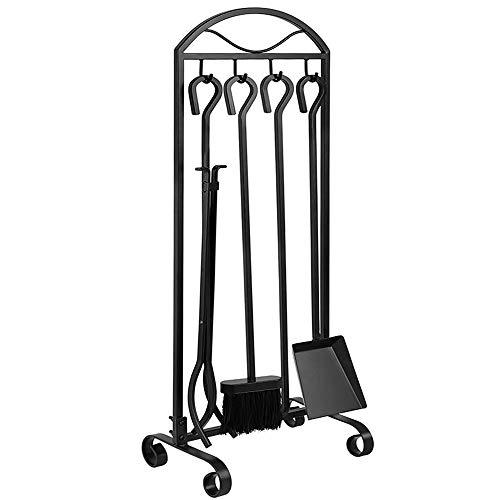 AMAGABELI GARDEN & HOME 5 Pieces Fireplace Wrought Iron Decor Holder Fireset Pit Stand Fire Place Log Tongs Tools Kit Sets with Handles Wood Stove Accessories, Black Toolset