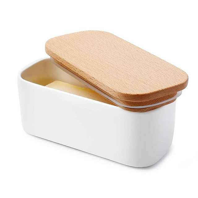 Sweese 325.101 Small Butter Dish - Airtight Butter Keeper Holds Up to 1 Sticks of Butter - Porcelain Container with Beech Wooden Lid, White