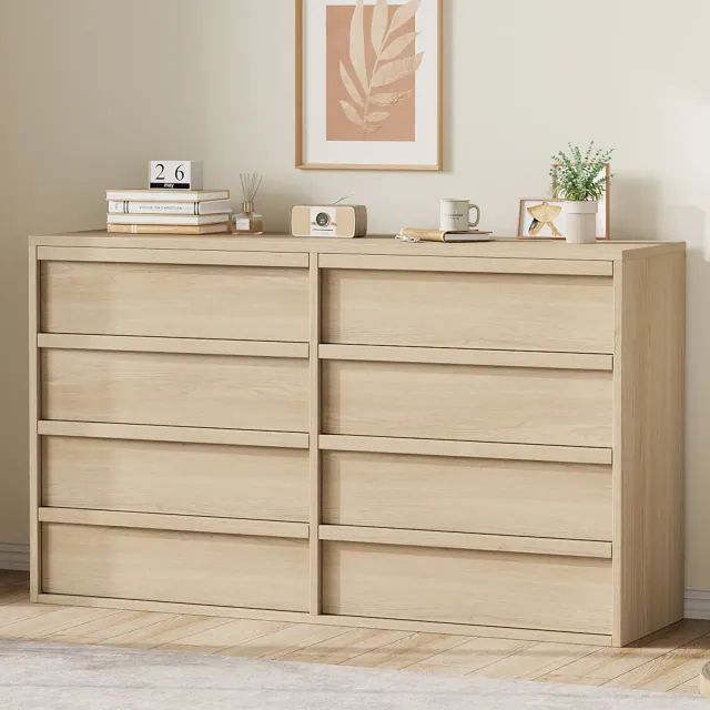 Garvee 8 Drawer Dresser for Bedroom, 54" Natural Double Dresser Organizer with Concave Handle, Modern Chest of Drawer for Bedroom Living Room Nursery