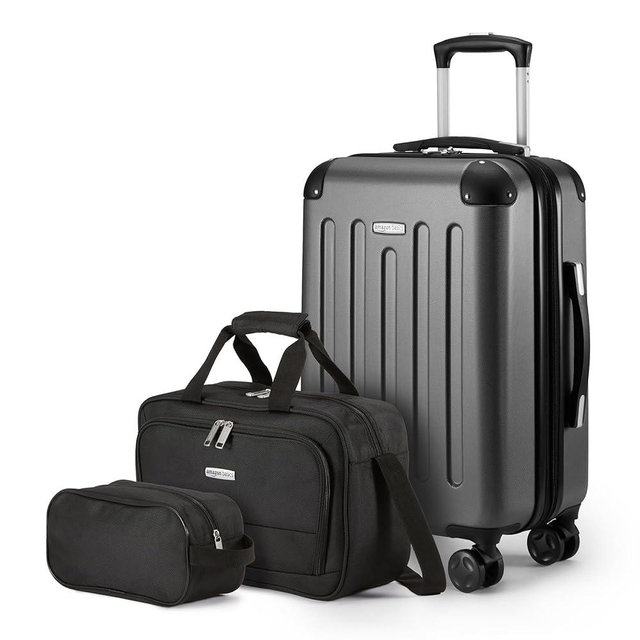 Amazon Basics 3-Piece Luggage Set, Including Carry-On Luggage (22" Expandable Hardside Suitcase With 8 Spinner Wheels), 15" Tote Bag, and 10" Compact Travel Bag, Black