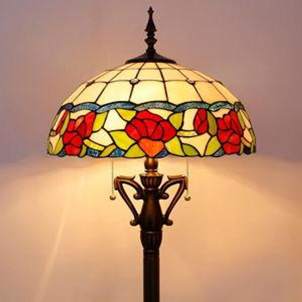 Tiffany Floor Lamp Rose Flower Style Stained Glass Standing Reading Light 16X16X66 Inches Antique Pole Corner Lamp Decor Bedroom Living Room