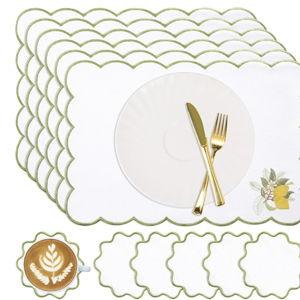 Gandeer Set of 12 Lemon Cotton Linen Placemats Coaster, 12 x 17 Heat Resistant Embroidery Scalloped Placemats, 4" Summer Kitchen Coaster Double Layered Rustic Dinner Table Decoration(White and Green)