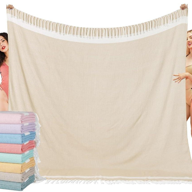 Oversized Turkish Beach Towel Blanket XXL Cotton Sandproof Towels Boho Woven Extra Large Big Sand Free Giant Throw Thick Blankets Huge Quilt XL Picnic Camping Necessities Cloud For Adult Gifts Beige