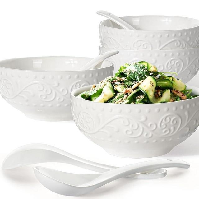 Artena Soup Bowls & Soup Spoons, Cereal Bowls 26 OZ, Embossed Ceramic Pho Bowl And Spoons Set, Ramen Bowls, 6 inch White Breakfast Bowls For Salad, Set Of 4, Dishwasher & Microwave Safe (Lianas)