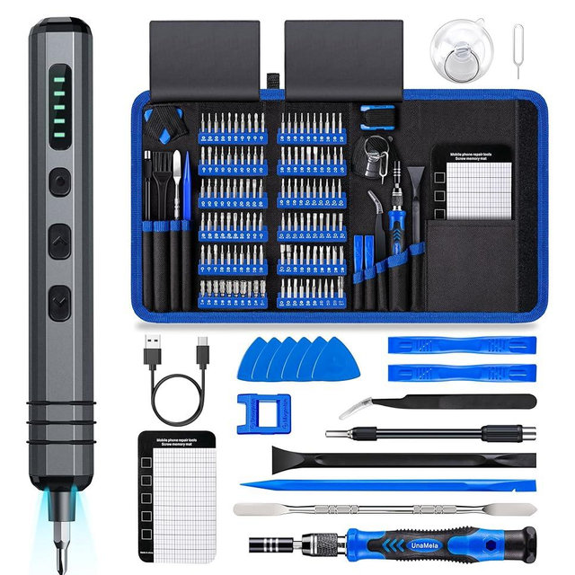 Mini Electric Screwdriver Set 140-IN-1: UnaMela Small Electric Screwdriver Cordless - 120 Precision Bits, 5 Torque Settings, LED Light, Magnetic Power Screwdriver Repair Tool Kit for PC RC Electronics