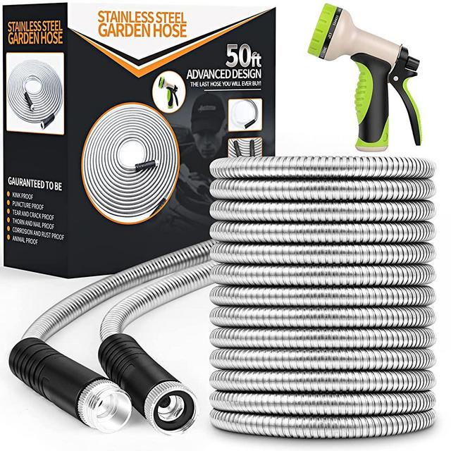 Unywarse 304 Stainless Steel Metal Garden Hose 50ft, Heavy Duty Water Hose with 10 Function Nozzle Flexible, Lightweight, Kink Free & Tangle Free, Pet Proof, Puncture Proof Hose for Yard, Outdoor