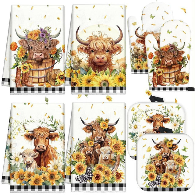 VitalCozy 8 Pcs Highland Cattle Kitchen Towels Pot Holders and Oven Mitt Set Cow Dish Towels Farm Square Potholders Watercolor Heat Resistant Glove for Home Cooking Baking Gifting(Sunflower)