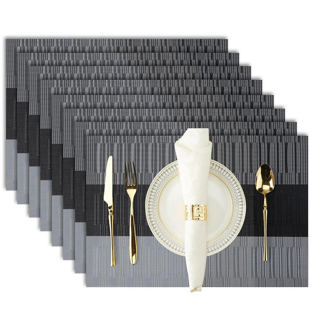 Dark Gray Placemats Set of 8-Durable PVC Vinyl Woven Washable Place Mats for Dining Table Heat Resistant Non-Slip Indoor/Outdoor Table Mats 12 x 17 inch