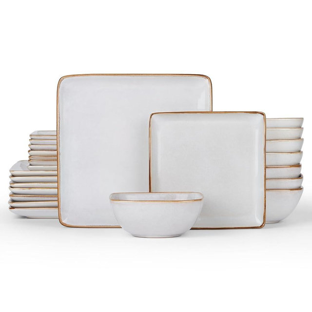 E-far Square Dinnerware Sets for 8, 24-Piece Stoneware Plates and Bowls Dishes Set, Reactive Glaze Porcelain Dishware Sets, Chip & Scratch Resistant, Microwave & Dishwasher Safe, Seashell White