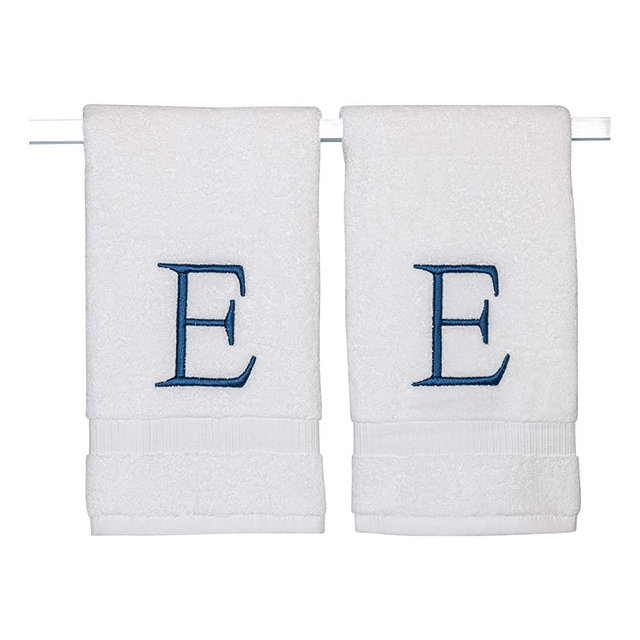 Monogrammed Hand Towels for Bathroom - Luxury Hotel Quality Personalized Initial Decorative Embroidered Bath Towel for Powder Room, Spa - GOTS Organic Certified - Set of 2 Navy Letter E