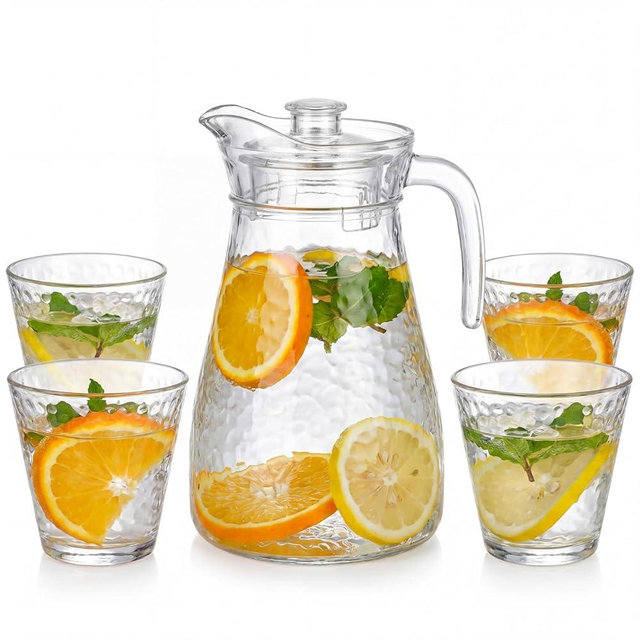 Singhoow 5 Pack Glass Pitcher and Drinking Glasses Set, 41 oz Clear Water Jug with Lid and Spout for Fridge, Glass Beverage Set for Home Party, Water, Juice, Iced Tea, Lemonade, Sangria