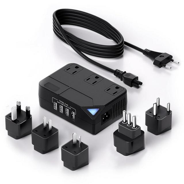 Universal 100V-220V Travel Converter, 250W Travel Voltage Converter for curlers, straighteners, Chargers, Power Plugs with 4 USB Charging Ports and 3 AC Plugs Including A, C, D, G, I, L Type (Black)