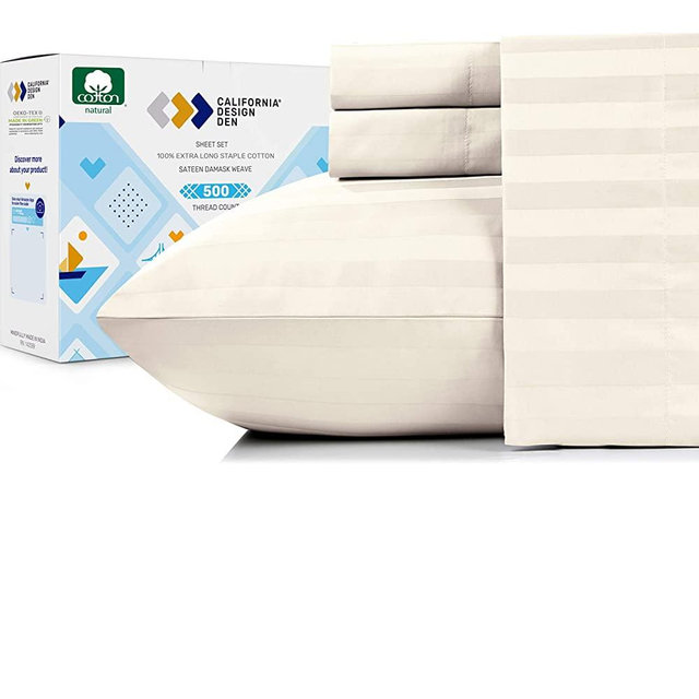 Pure Cotton Ivory Queen Sheets - 500 Thread Count 4 Piece Sheet Set, Easy Care Damask Stripe Sateen Weave, Elasticized Deep Pocket Fits Low Profile Foam and Tall Mattresses