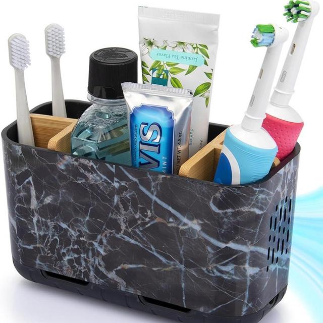GFWARE Marble Toothbrush Holders, 5 Slots Bamboo Toothbrush and Toothpaste Holder for Bathroom Counter with Drainage, Kids Electric Toothbrush Organizer, Black Toothbrush Holders for Bathrooms