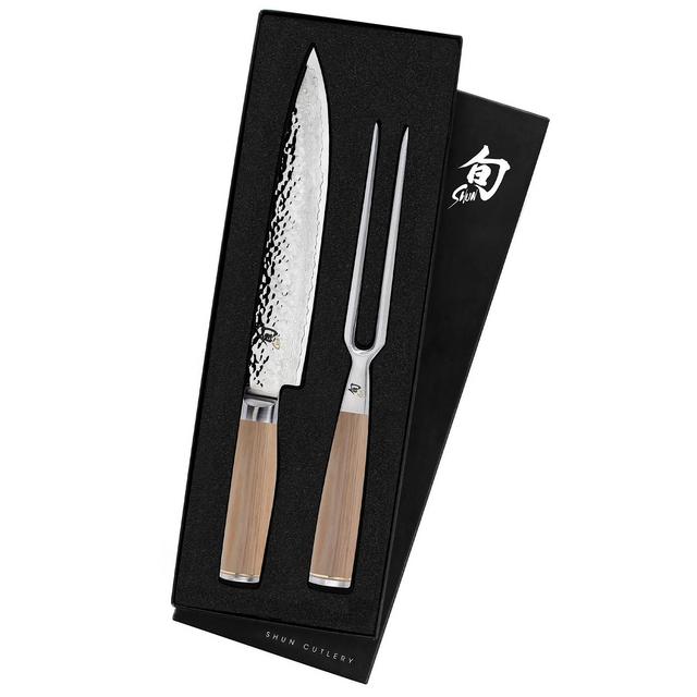 Shun Stainless Steel Premier 2 Pc Carving Set: Slicing Knife 9.5" and Carving Fork in a boxed set.