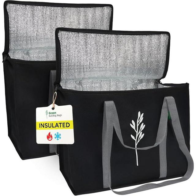 Green Bulldog 2Pack Insulated Grocery Bags – Foldable Reusable Cooler Bags with Handles for Everyday Use, Groceries, Food Delivery, and Shopping – 16”x9”x13”, Black