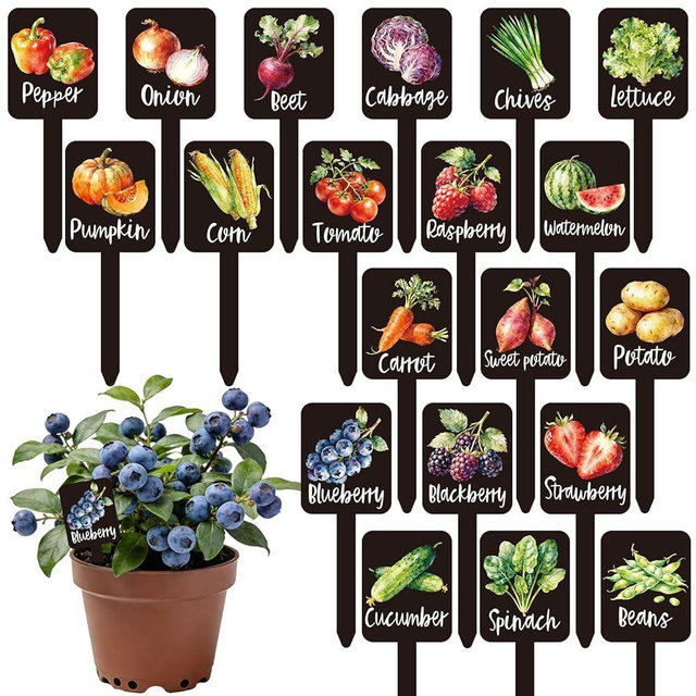 Whaline 20Pcs Watercolor Vegetable Fruit Plant Label Signs 20 Styles Garden Markers Waterproof Black Acrylic Plant Stake Tags with Names for Nursery Indoor Outdoor Garden Decor