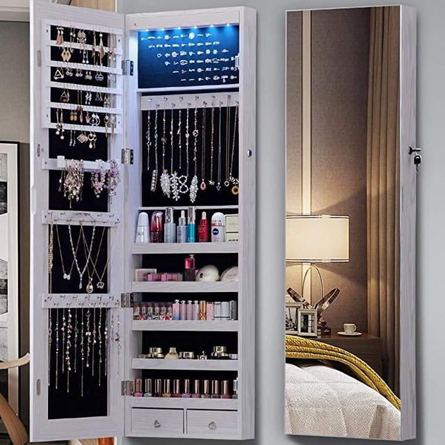 QUANYOU 6 LED Lights Lockable Full Mirror Full Screen Jewelry Organizer Wall Mounted/Door Mounted/Jewelry Cabinet Jewelry Armoire with Mirror/Full Length Mirror Hanging Mirror 7025 (White)