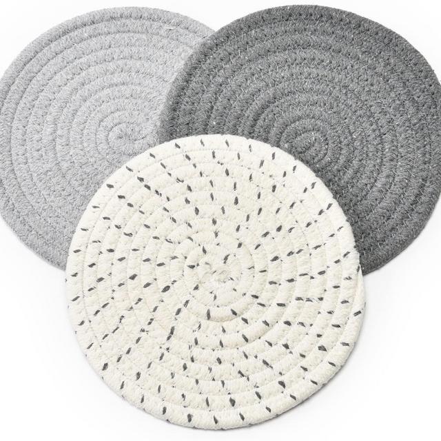 3 Pcs Cotton Thread Weave Hot Pot Holders, Multi-use Hot Mats Non-Slip Stylish Coasters Insulation Hot Pads Trivet for Cooking and Baking,Grey Set
