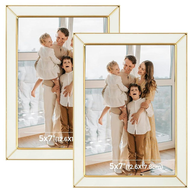 Frametory Enamel Picture Frame - 5x7 Gold Metal Edge White Enamel Picture Frame With Easel and Velvet Back for Tabletop Display, Bookshelf, 5x7 Wall Decoration, Photo Frames-2 Set