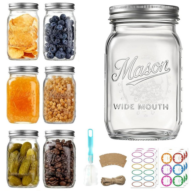 Dralaw Mason Jars 32 oz,6 Pack Large Wide Mouth Mason Jar with Airtight Lids and Bands|Quart Glass Canning Jars for Pickling, Fermenting and Food Storage Microwave&Dishwasher Safe