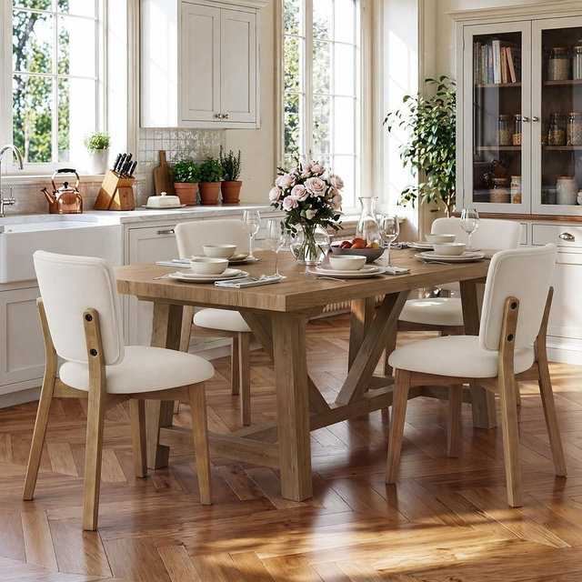 LUE BONA Wooden Dining Chairs Set of 4, Comfortable Wide Back Kitchen Side Chairs, Strong Thick Legs for Modern Farmhouse Dining Room, Linen Upholstered and Natural Wood Legs