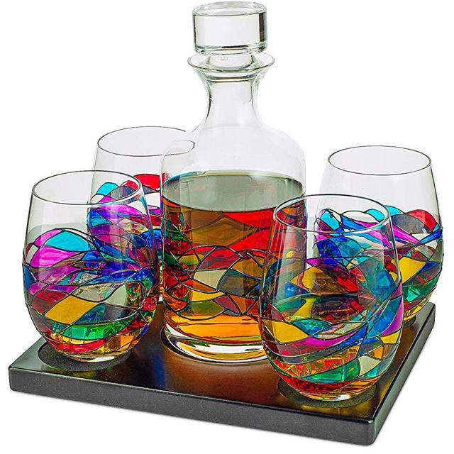 Artisanal Hand Painted Glassware Gift for Mom, Wife, Friend - Artisanal Barcelona Hand Painted Whiskey & Wine Decanter Set, Rennesance Romantic Stain-glassed Windows Glasses - Mothers Day