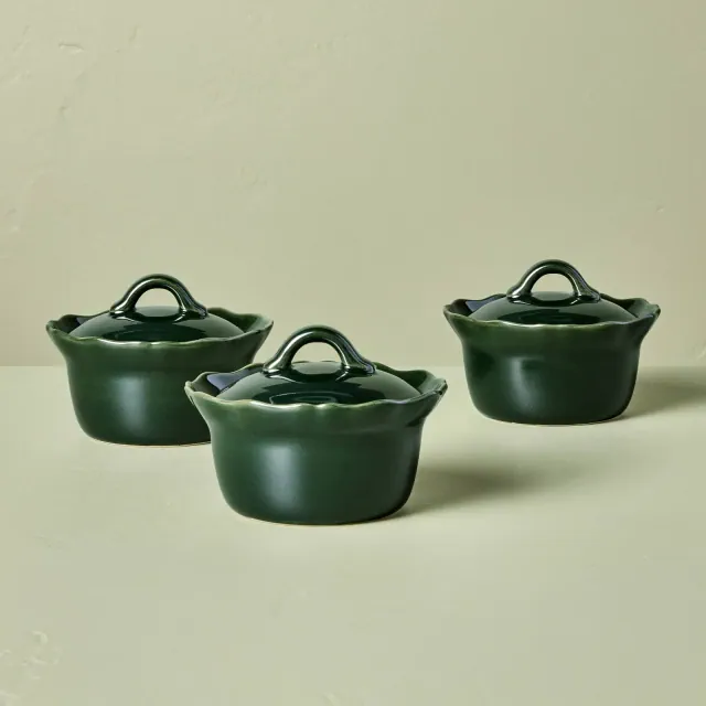 3pc 6.5oz Round Stoneware Reactive Glaze Ramekin with Lid Green - Hearth & Hand™ with Magnolia