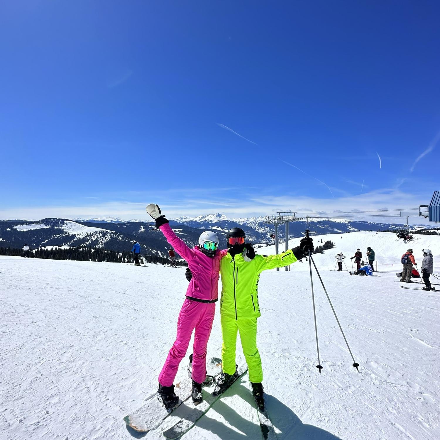 One of our many weekends skiing and snowboarding together in our neon fits in Vail, CO