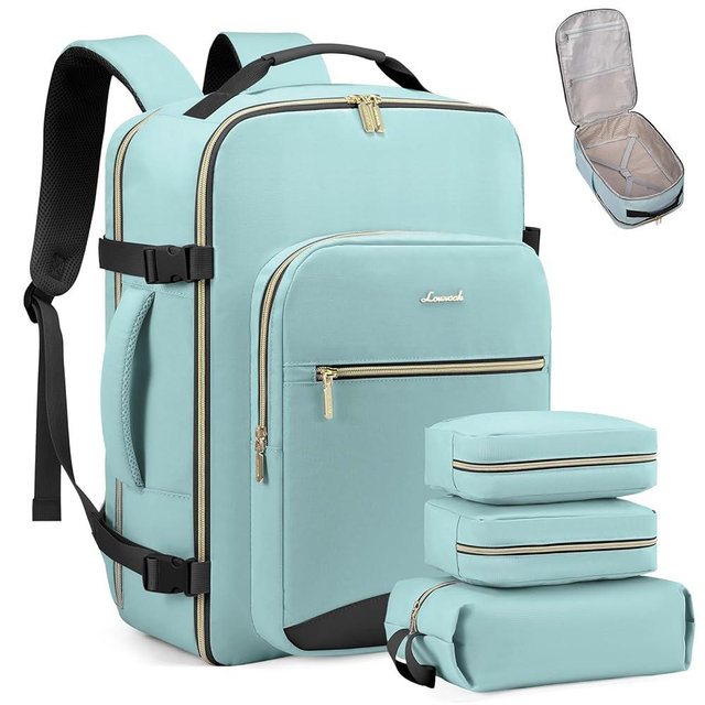 LOVEVOOK Travel Backpack for Women & Men 50L,Airline Approved Carry On Backpack Travel Essentials,TSA Carry on Luggage,Waterproof Personal Item Travel Bag,Suitcase with 3 Packing Cube,Mint green-Black