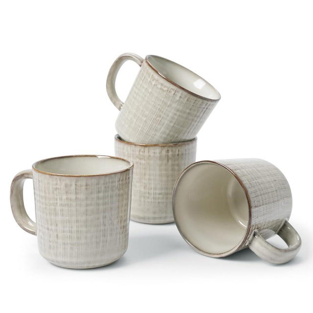 famiware Moonlight Coffee Mug Set of 4, 14oz Mug Set with Linen Finish, Coffee Cup Set with Handle for Latte, Cappuccino, Tea, Hot Cocoa, Microwave and Dishwasher Safe, Summer Sand