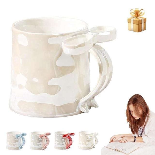 Bow Mug, Bow coffee cup, 12.3oz Charming Ribbon Mugs Microwave Safe with Ribbon Handle, White Bow Cup for Women Coworker Valentine's Christmas Birthday Gifts (White)