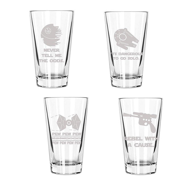 Etched Star SW Pint Glass Set of 4: Pew Pew, Never Tell Me, Dangerous To Go Solo, Rebel, Star Space Noises Sci-Fi Wars Gift Set of Four Drinking Beer Glasses Christmas
