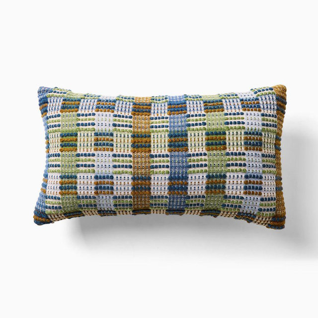 Outdoor Multi Checkerboard Plaid Pillow, 12x21, Blue Multi