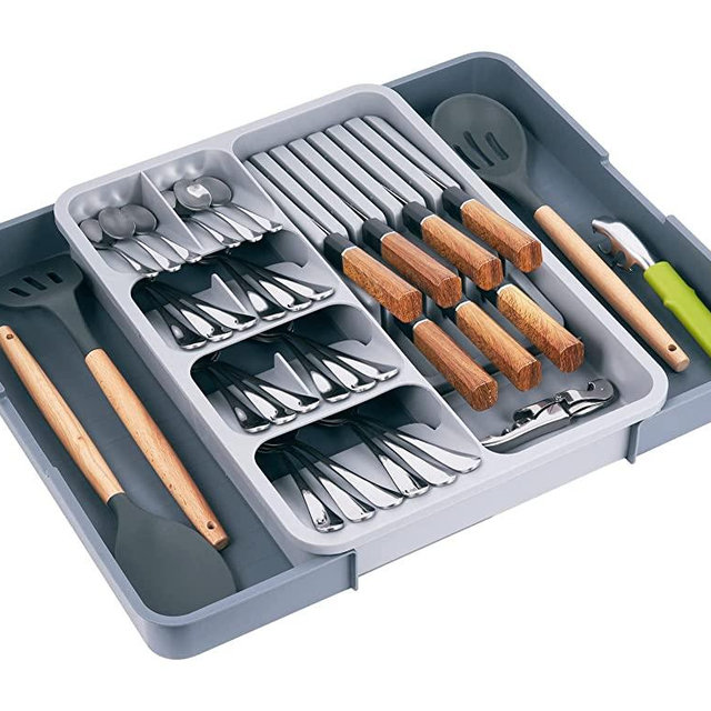 SOMIER Kitchen Utensil Drawer Organizer, Removable 2-Tier Knife Holder, Expandable Cutlery Tray for Silverware, Flatware and Utensils, Large Kitchen Drawer Dividers for Spoons, Forks, Knives, Gray