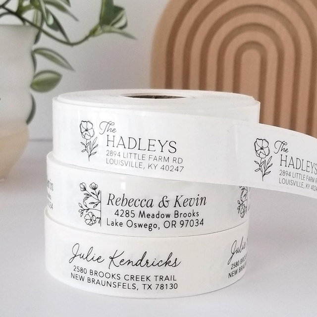 address labels on rolls. Great for wedding return address labels - Personalized modern & simple white or clear labels on easy to use rolls