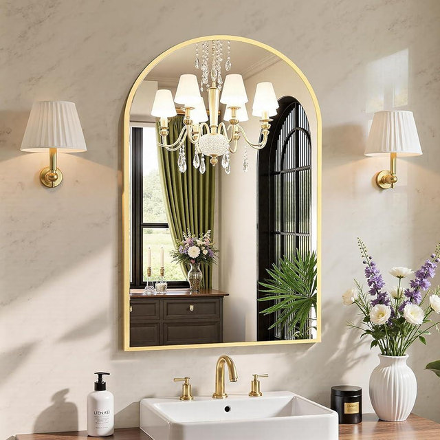 Sweetcrispy 20"x30" Arched Gold Bathroom Mirrors for Wall, Bathroom Mirrors for Over Sink, Metal Framed with HD Shatter-Proof Glass for Entryway, Living Room, Bedroom